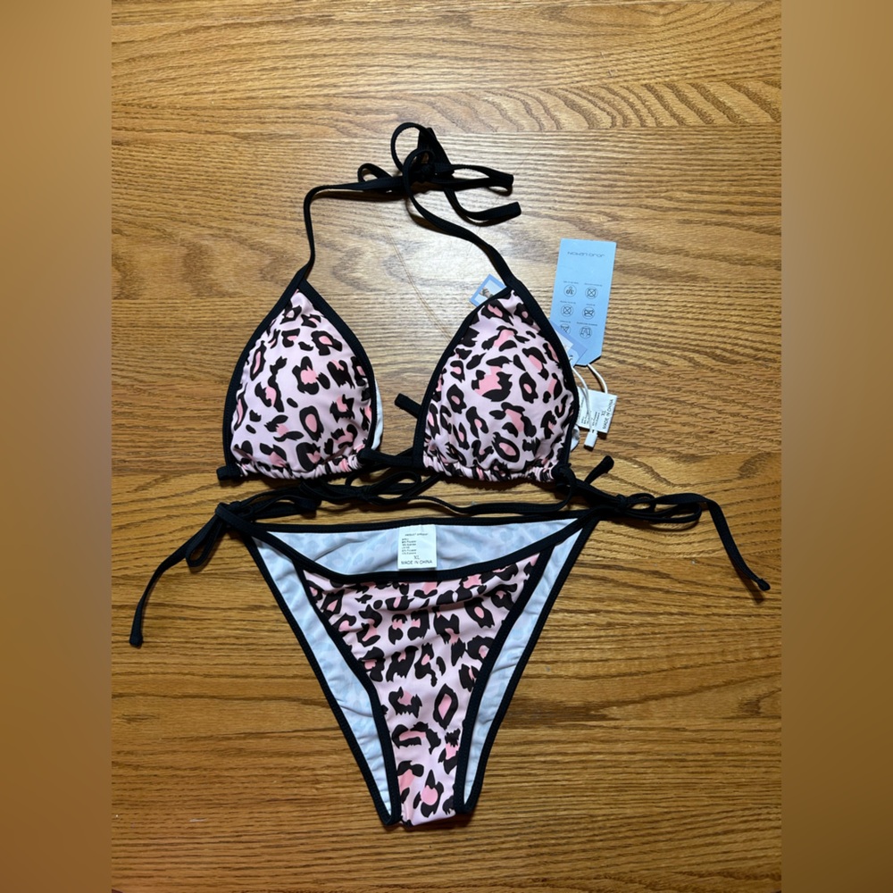 Pink Leopard Triangle Bikini with Black Trim - Women's Two-Piece Swim Set
